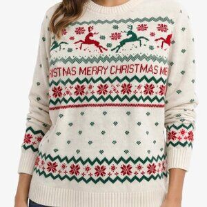 100% Cotton Festive Christmas Sweater with Reindeer and Snowflakes Size M